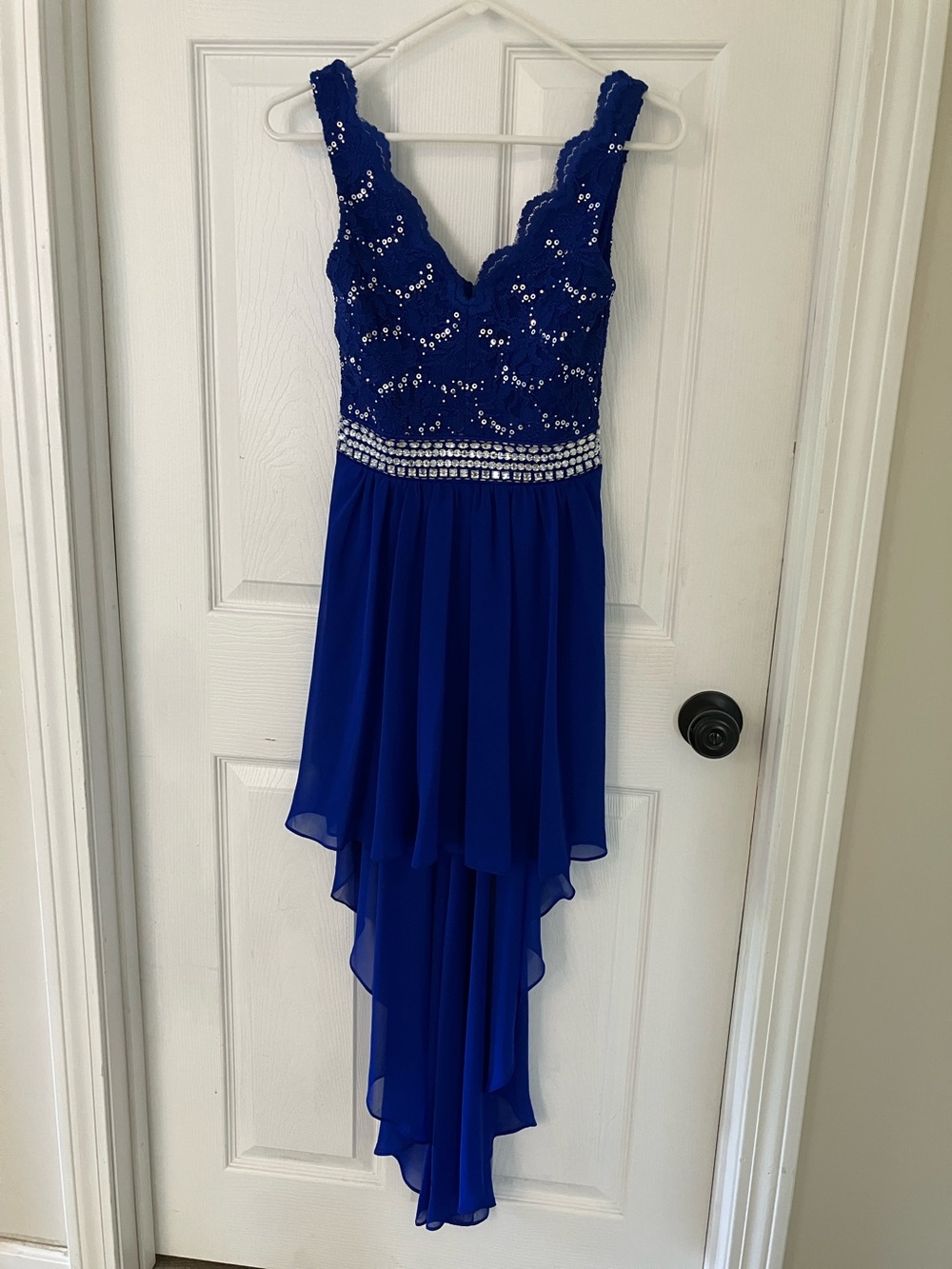 Embellished Scallop V-Neck Cobalt Blue Hi-Low Evening Dress